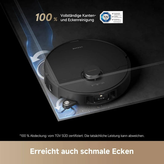 Robotic vacuum cleaner on a black surface with text and certification logo.