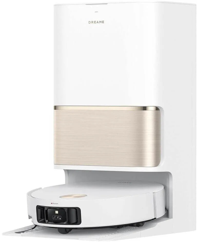 White and beige robot vacuum cleaner on a white background