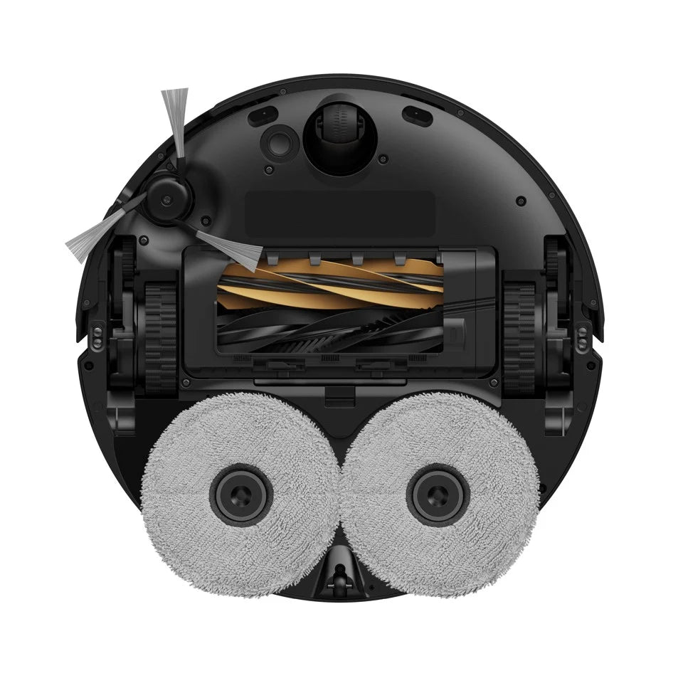 Top view of a robot vacuum cleaner with cleaning brushes and debris collection bin.