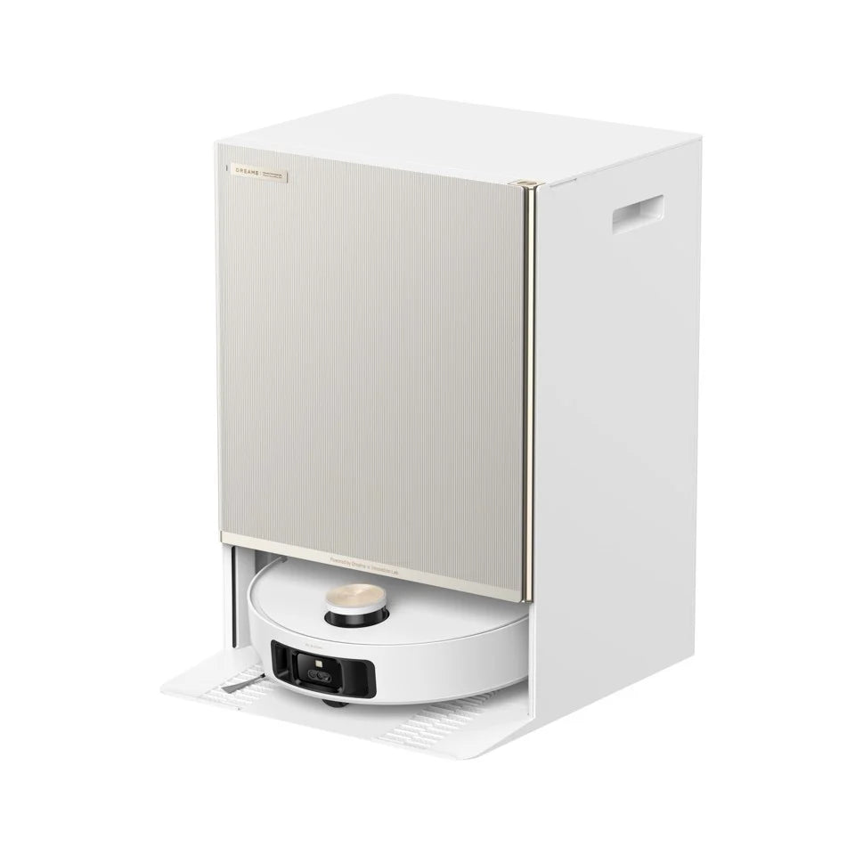 White robotic vacuum cleaner with a storage box on a white background