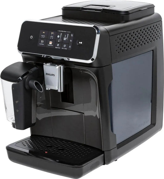 Black Philips coffee machine on a white background
