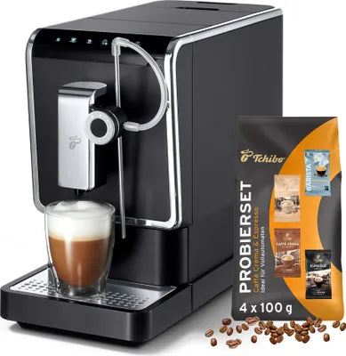 Espresso machine with a glass of coffee and a package of coffee beans on a white background