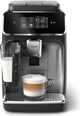 Philips coffee machine dispensing a cappuccino with a white background