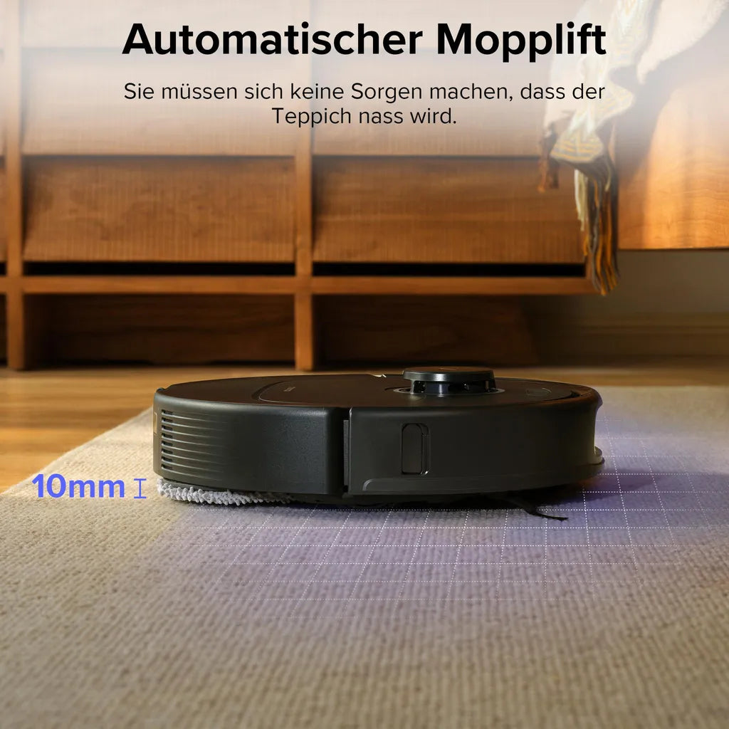 Robotic vacuum cleaner on a carpet with text about automatic mop lift and no worries about wet carpets.