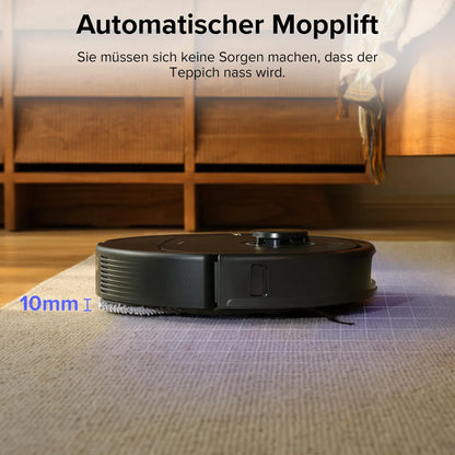 Robotic vacuum cleaner on a carpet with text about automatic mop lift and no worries about wet carpets.