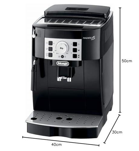 Black De'Longhi coffee machine with dimensions indicated on a white background