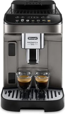 De'Longhi coffee machine with two espresso cups filled with coffee.