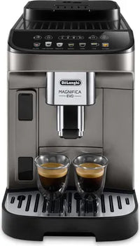 De'Longhi coffee machine with two espresso cups filled with coffee.