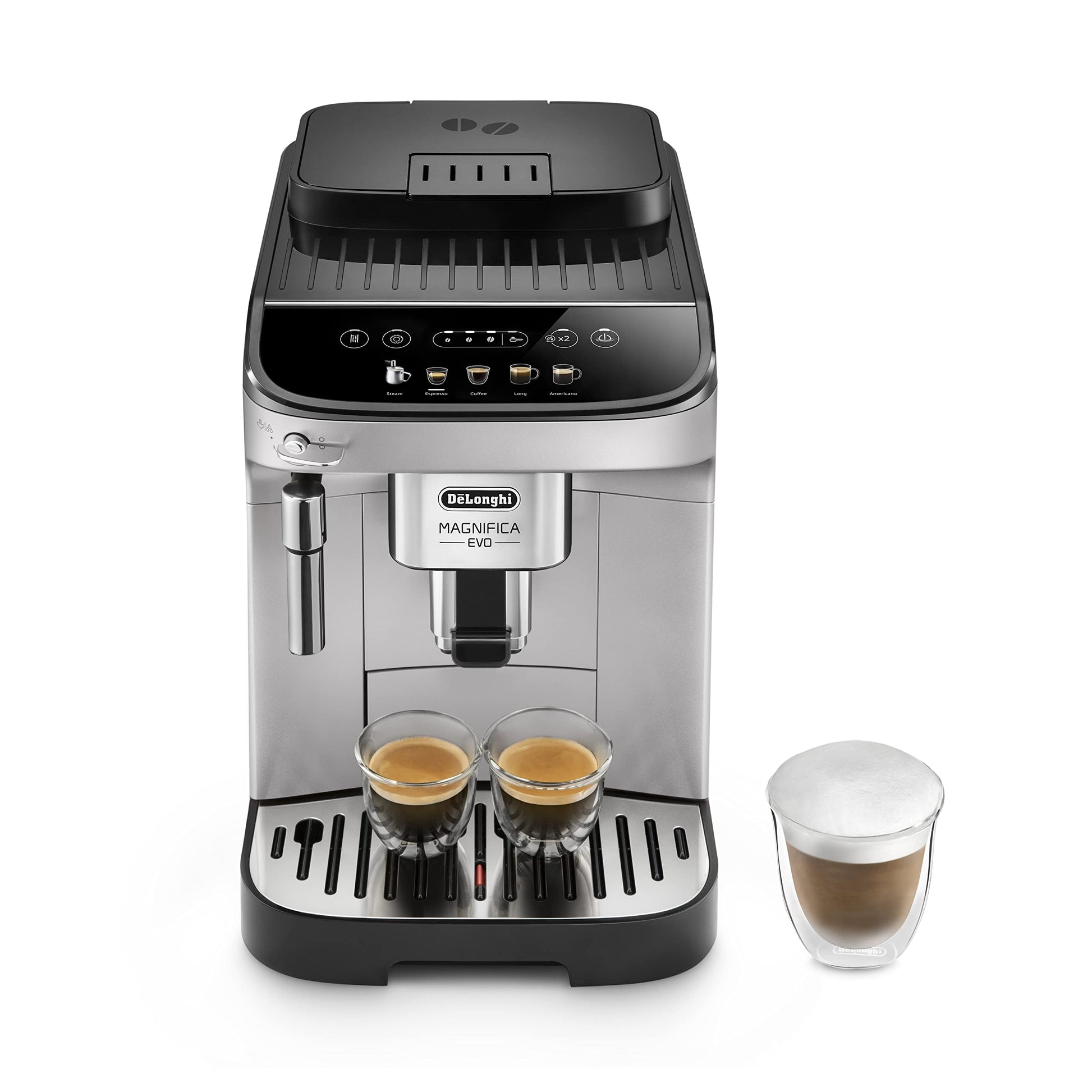 De'Longhi coffee machine with two espresso cups and a glass of coffee on a white background