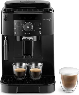 Black De'Longhi espresso machine with two cups of coffee on a white background