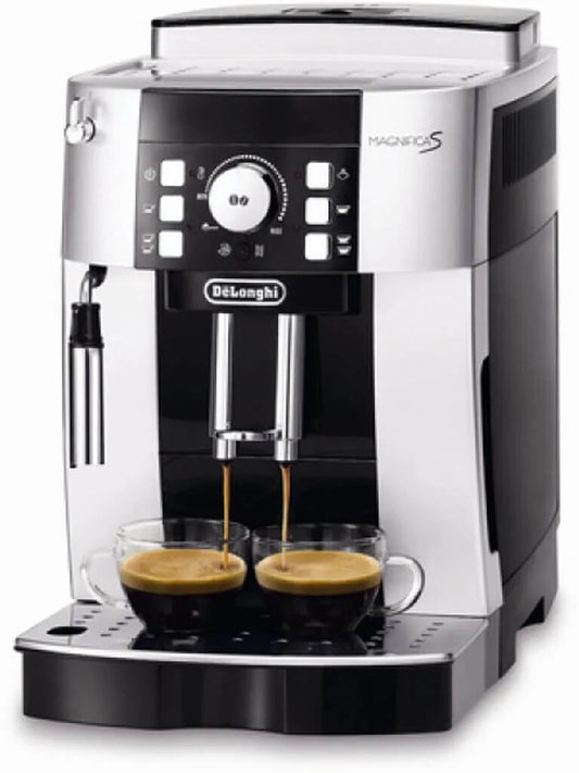 De'Longhi coffee machine dispensing coffee into two cups.