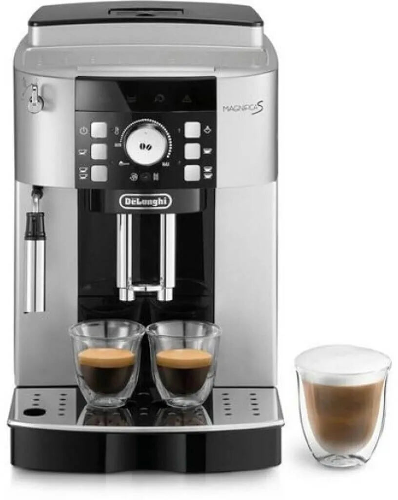 De'Longhi coffee machine with two cups of coffee on a white background