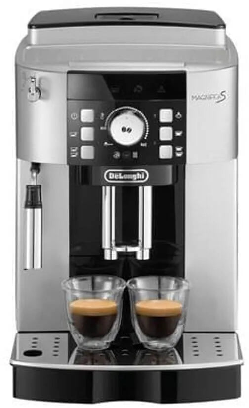 De'Longhi coffee machine with two cups of coffee on a white background
