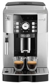 De'Longhi coffee machine with two cups of coffee on a white background