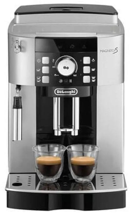 De'Longhi coffee machine with two cups of coffee on a white background
