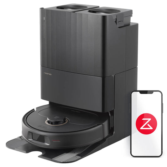 Robotic vacuum cleaner with smartphone displaying a brand logo on a white background