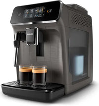 Philips coffee machine with two glasses of coffee on a white background