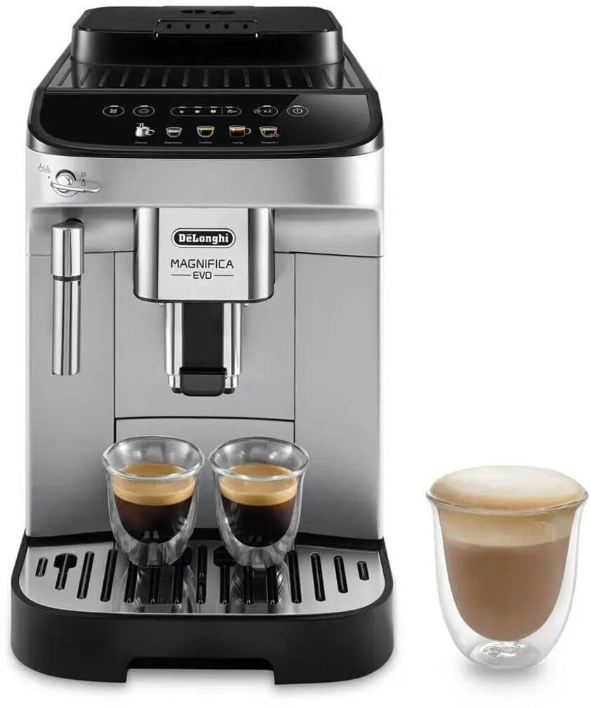 De'Longhi Magnifica Evo coffee machine with two espresso shots and a cappuccino on a white background