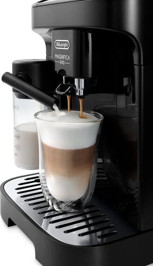 Black De'Longhi coffee machine dispensing a cappuccino into a glass.