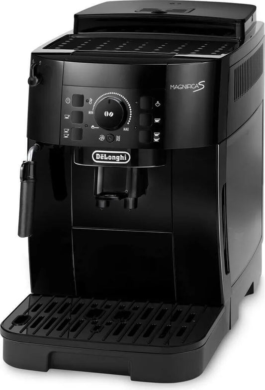 Black Delonghi coffee machine on a white background