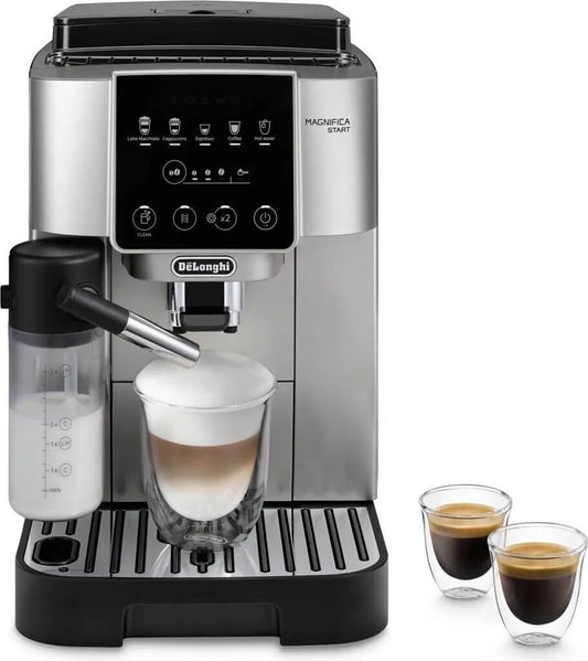 De'Longhi coffee machine with a glass of coffee and two cups on a white background