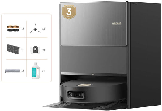 Robotic vacuum cleaner with accessories on a white background