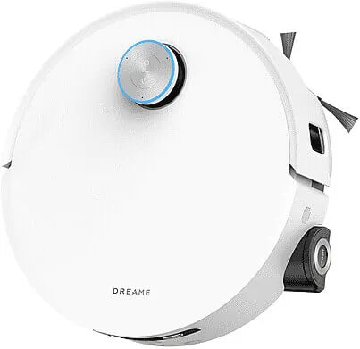 White robotic vacuum cleaner with brand logo on a white background