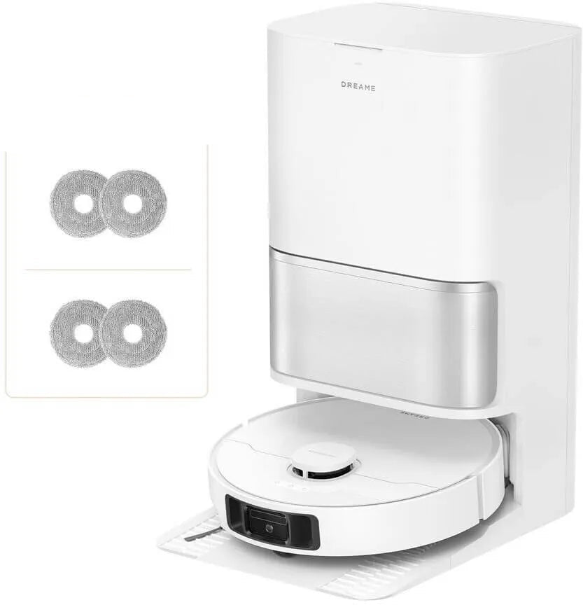 White robot vacuum cleaner with attachments on a white background
