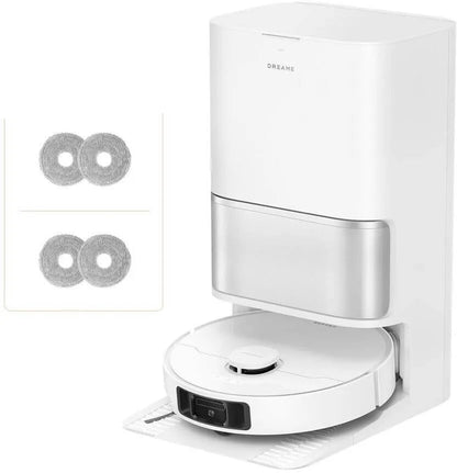 White robot vacuum cleaner with attachments on a white background