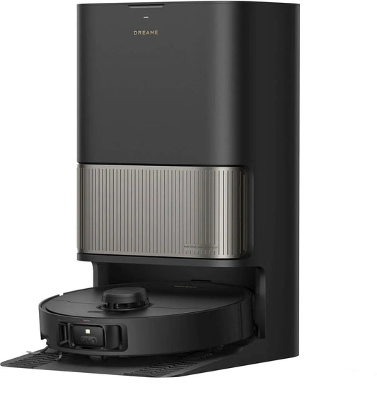 Robotic vacuum cleaner with smartphone app interface on a white background