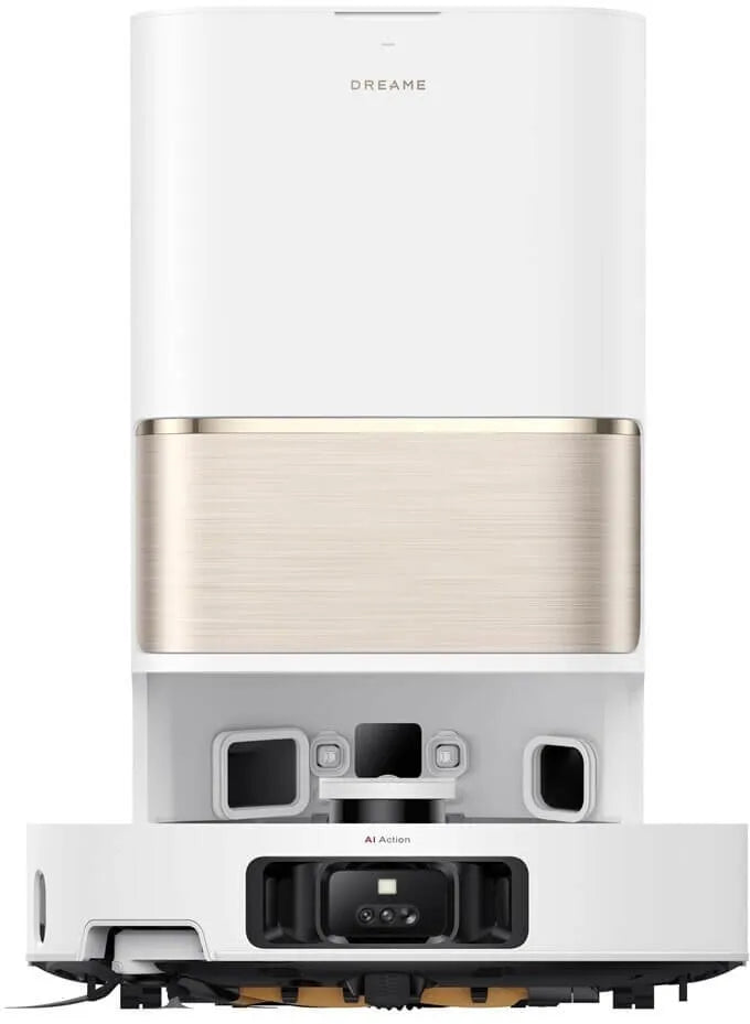 White and gold robot vacuum cleaner on a white background