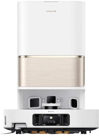 White and gold robot vacuum cleaner on a white background