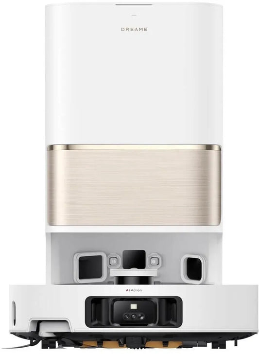 White and gold robot vacuum cleaner on a white background