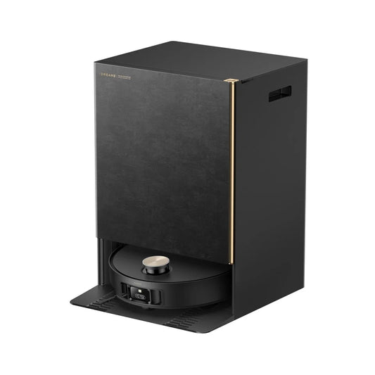 Black robot vacuum cleaner on a white background