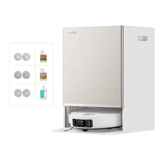 White kitchen appliance with a smaller device on a white background