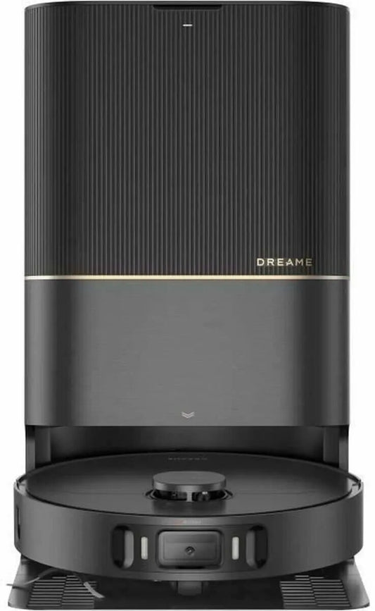 Black robotic vacuum cleaner with 'Dreame' branding on a white background