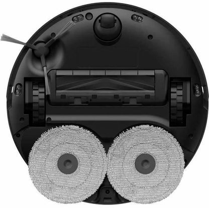 Close-up of a robot vacuum cleaner's bottom with cleaning brushes and sensors.
