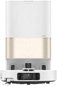 Robotic vacuum cleaner with a sleek design on a white background