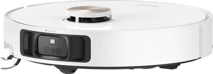 White robot vacuum cleaner with black control panel on a white background
