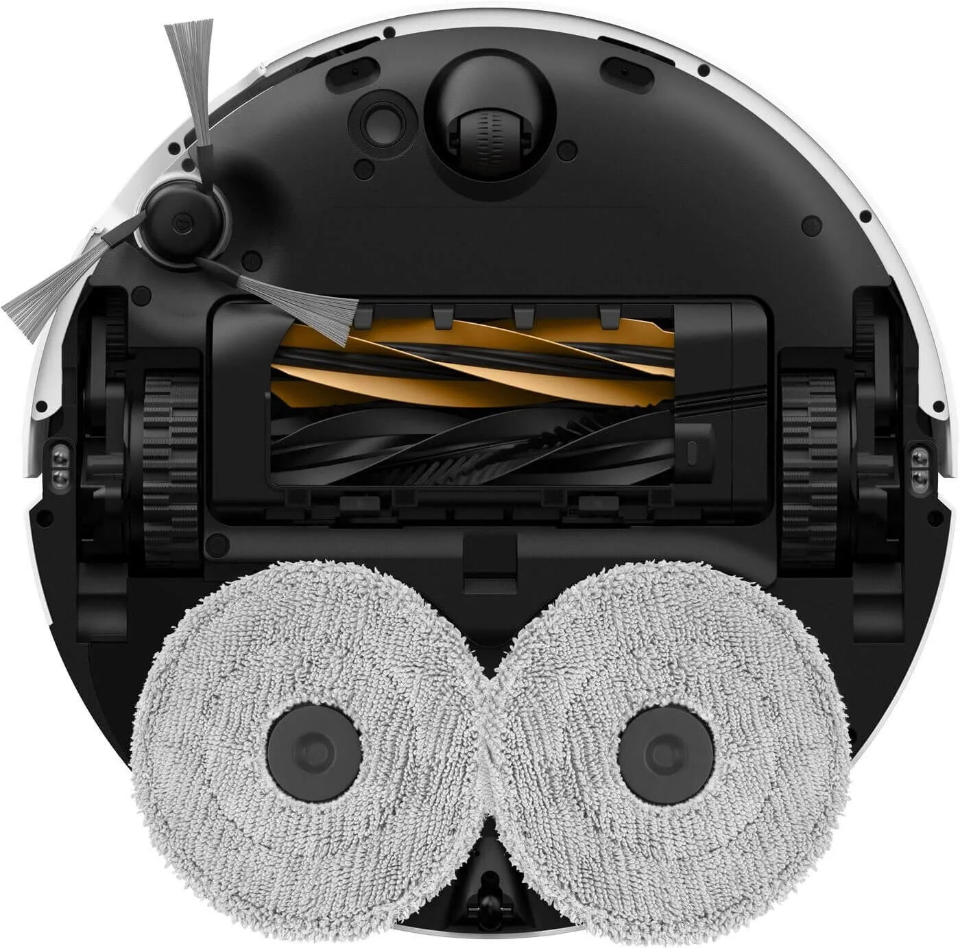 Close-up of a robotic vacuum cleaner's cleaning mechanism on a white background