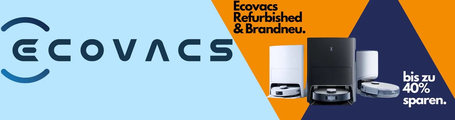 Ecovacs advertisement with refurbished and brandnew products on a blue and orange background