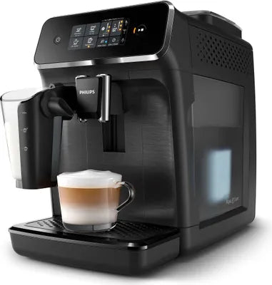 Black Philips coffee machine with a glass of cappuccino on a white background