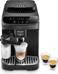 Black De'Longhi espresso machine with two cups of coffee and a milk container.
