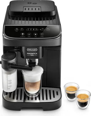 Black De'Longhi espresso machine with two cups of coffee and a milk container.