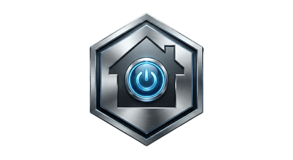 Hexagonal emblem with a house icon and power symbol on a black background