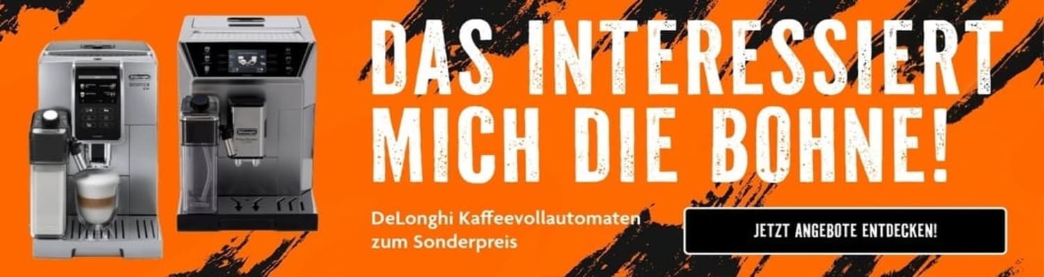 Advertisement for Delonghi coffee machines with text on an orange background