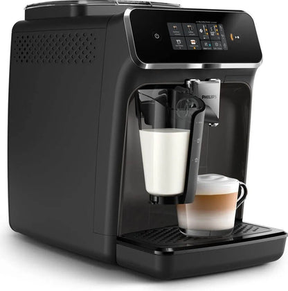 Black coffee machine with a glass of milk and a cup of coffee on a white background