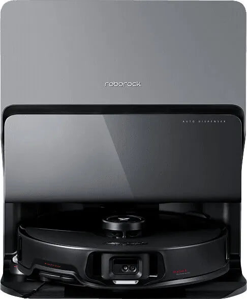 Roborock robot vacuum cleaner with charging dock on a gray background