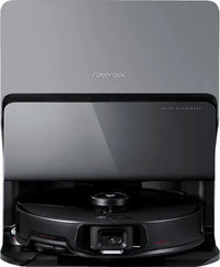 Roborock robot vacuum cleaner with charging dock on a gray background