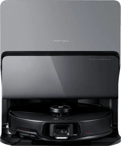 Roborock robot vacuum cleaner with charging dock on a gray background